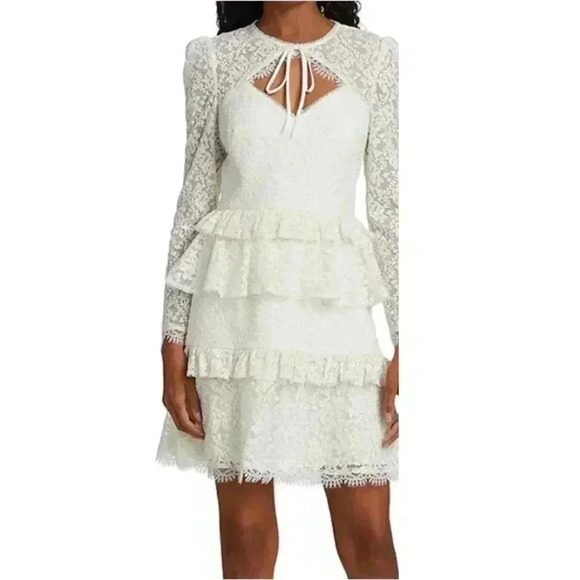 Monique Lhuillier Dresses & Skirts - ML Monique Lhuillier Tie-Neck Ivory Lace Mini Long Sleeve Bridal Dress
